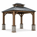 Pavillon de jardin en bois et acier galvanisé avec colonnes en pierre