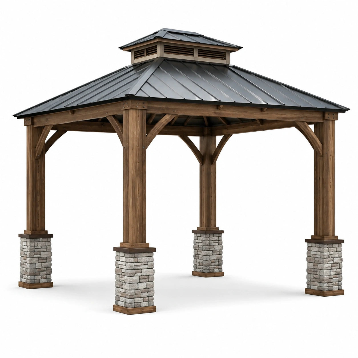Pavillon de jardin en bois et acier galvanisé avec colonnes en pierre