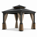 Pavillon en métal avec toit en acier et rideaux en polyester beige
