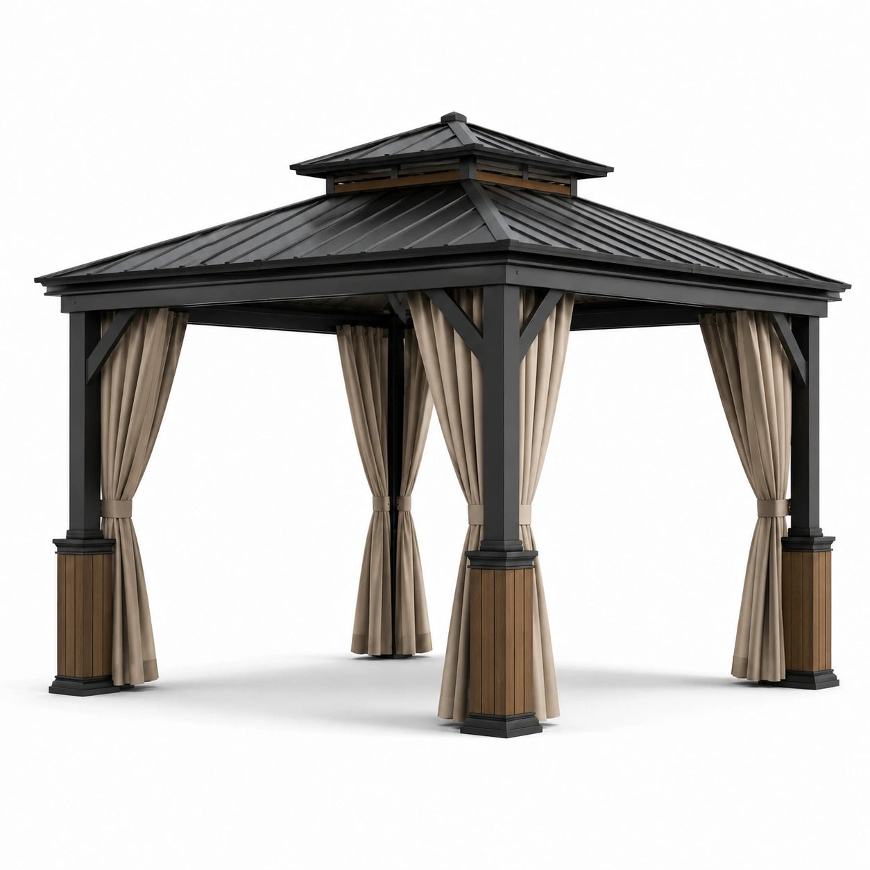 Pavillon en métal avec toit en acier et rideaux en polyester beige