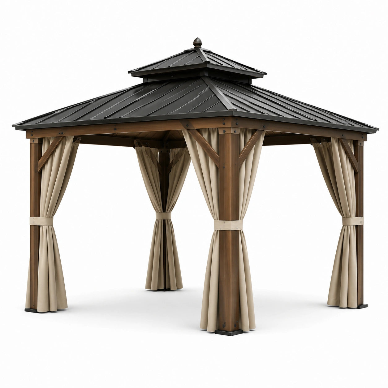 Pavillon en Bois et Métal avec Toit Noir à Deux Niveaux et Rideaux Beige