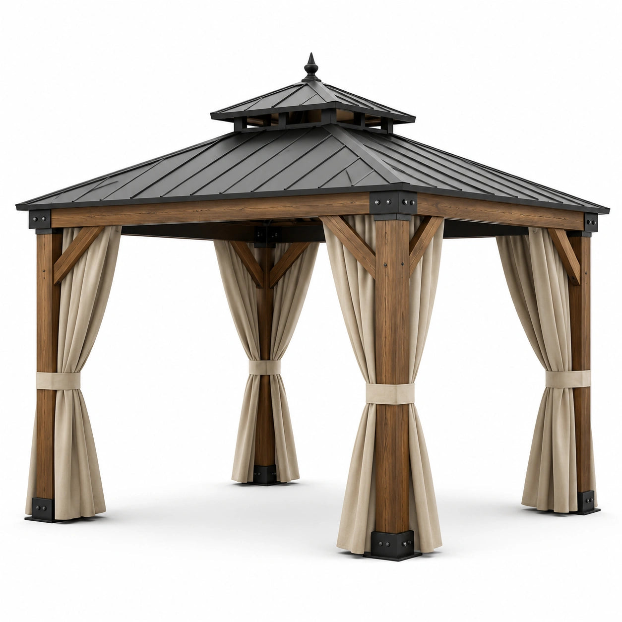 Pavillon de jardin en bois et métal avec rideaux beige en polyester