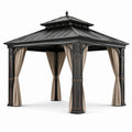 Pavillon en métal avec toit à deux niveaux et rideaux polyester noir/beige 300x400 cm