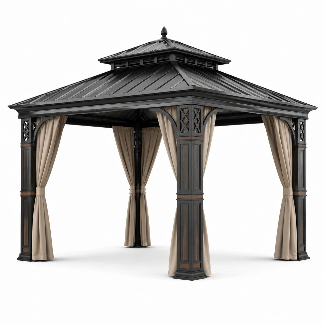 Pavillon en métal avec toit à deux niveaux et rideaux polyester noir/beige 300x400 cm