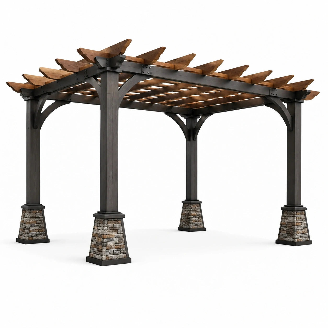 Pergola en bois et métal avec piliers en pierre, 300x400x280 cm, brun/gris