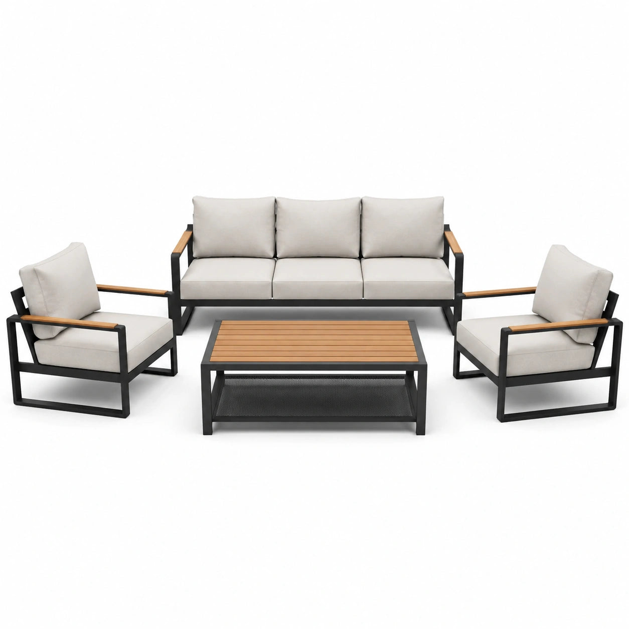 Ensemble de salon de jardin en aluminium et bois 4 pièces couleur beige et noir