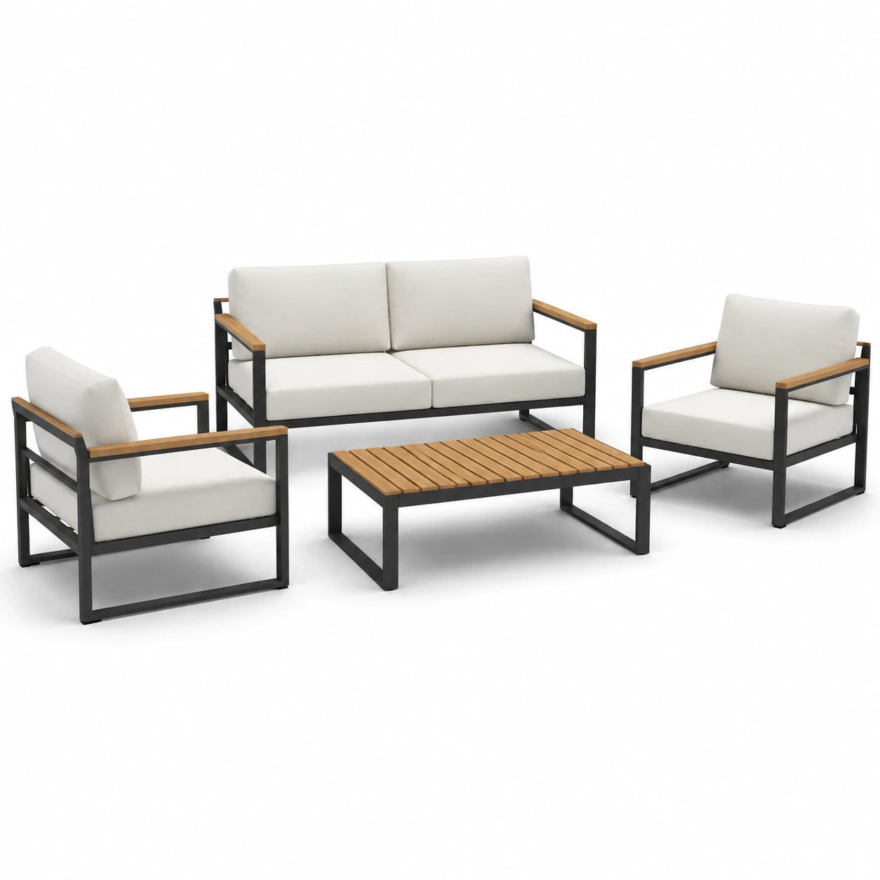 Ensemble de salon en aluminium avec bois et coussins beige