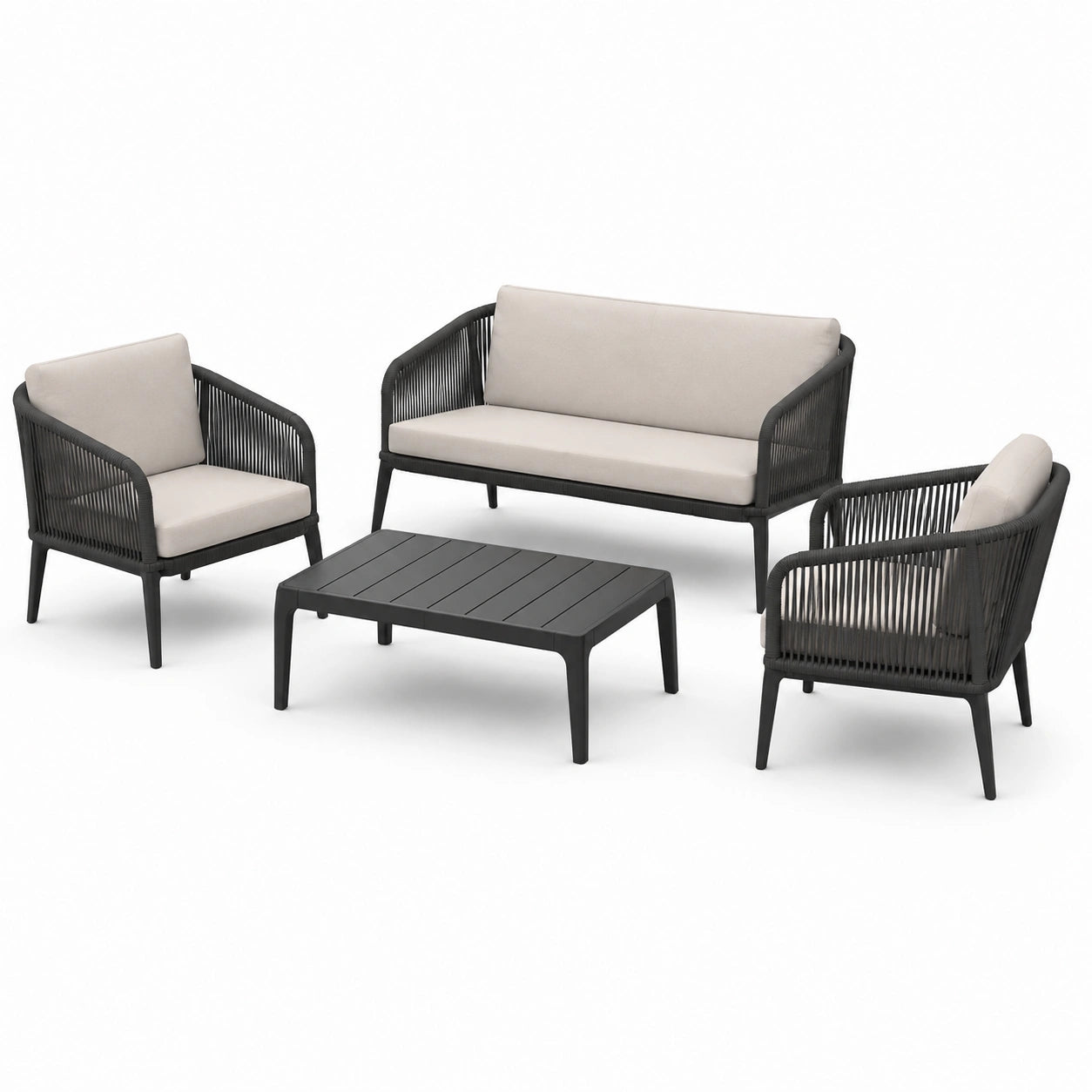 Ensemble de mobilier extérieur en aluminium et corde noir avec coussins beiges