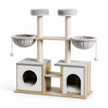 Arbre à chat en bois avec cabanes doubles et hamacs en gris