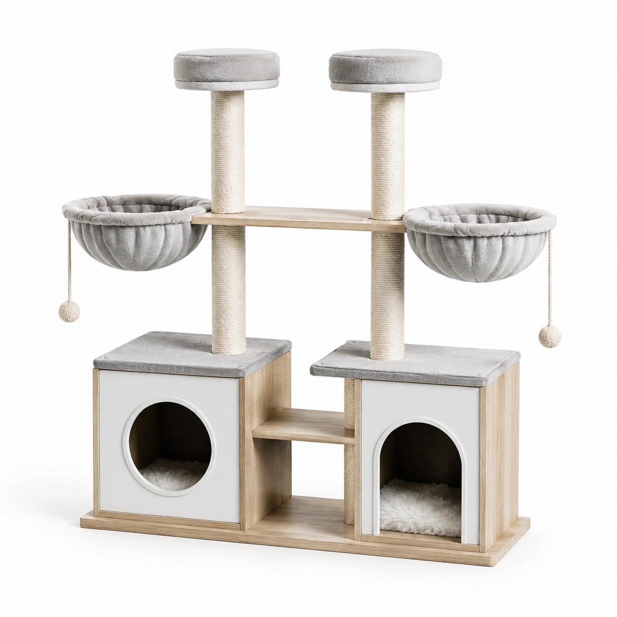 Arbre à chat en bois avec cabanes doubles et hamacs en gris