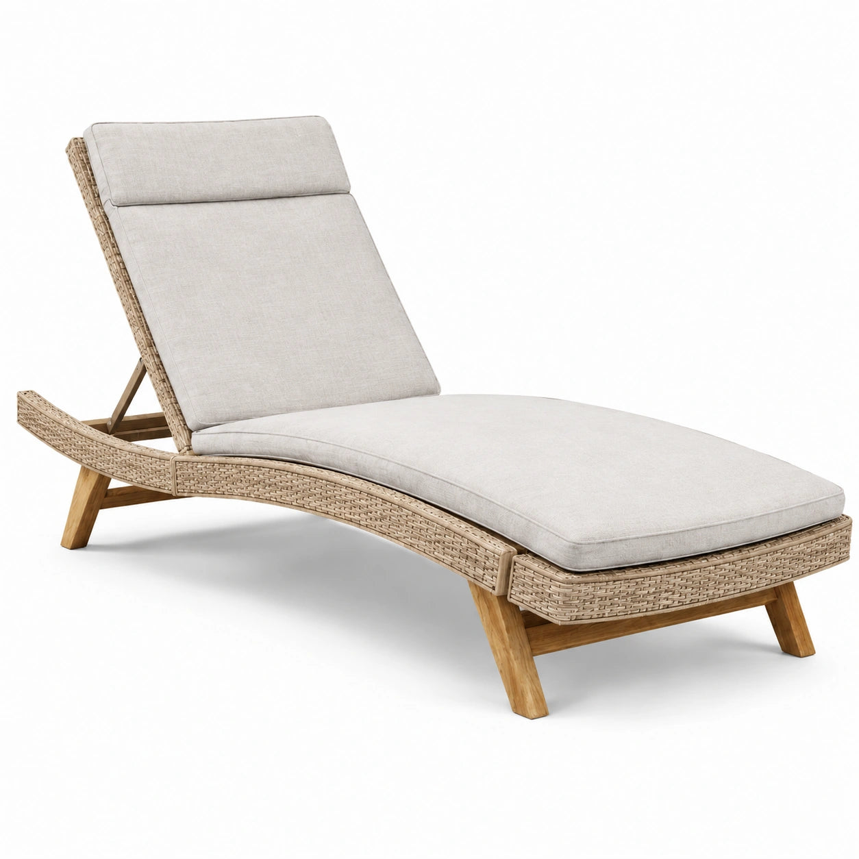 Chaise longue en bois et rotin avec coussins en polyester beige