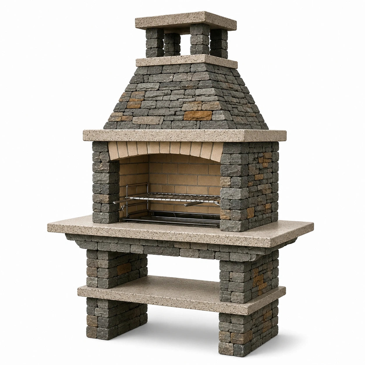 Barbecue en pierre avec cheminée intégrée et grille en acier inoxydable