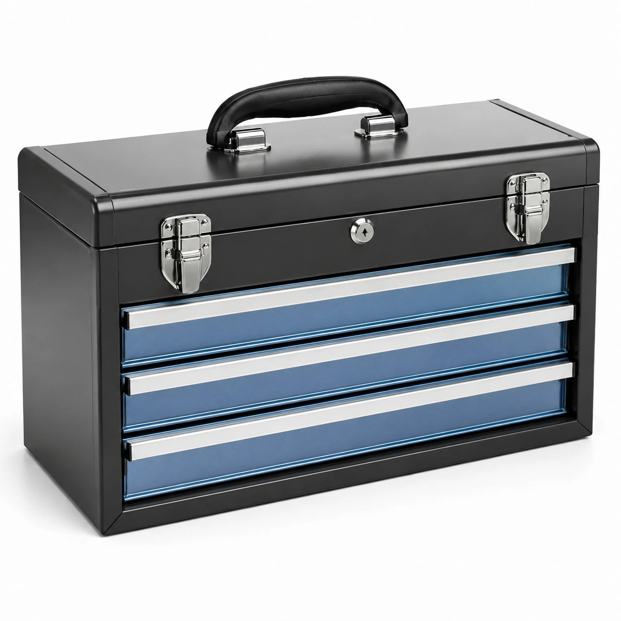 Boîte à outils en acier avec 3 tiroirs verrouillables noir et bleu