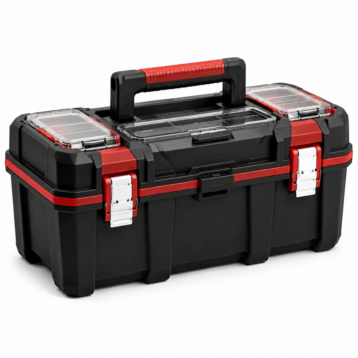 Boîte à outils en plastique noir et rouge avec compartiments transparents 40x25x20 cm