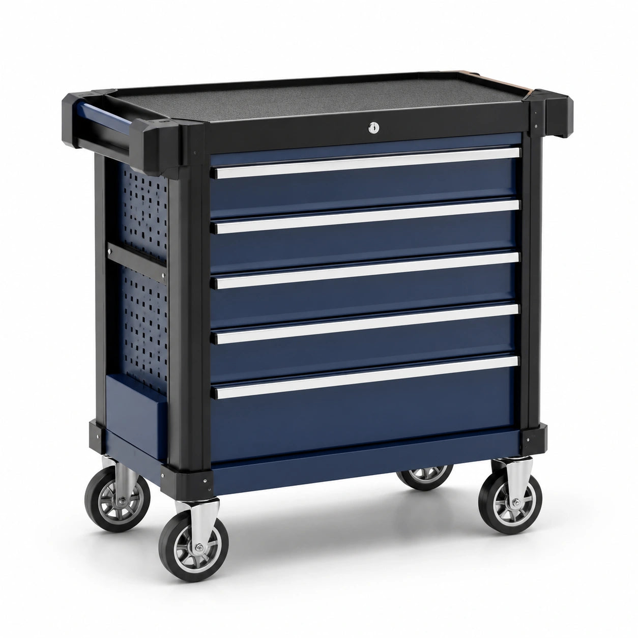 Chariot à outils métallique avec 5 tiroirs bleu et roulettes