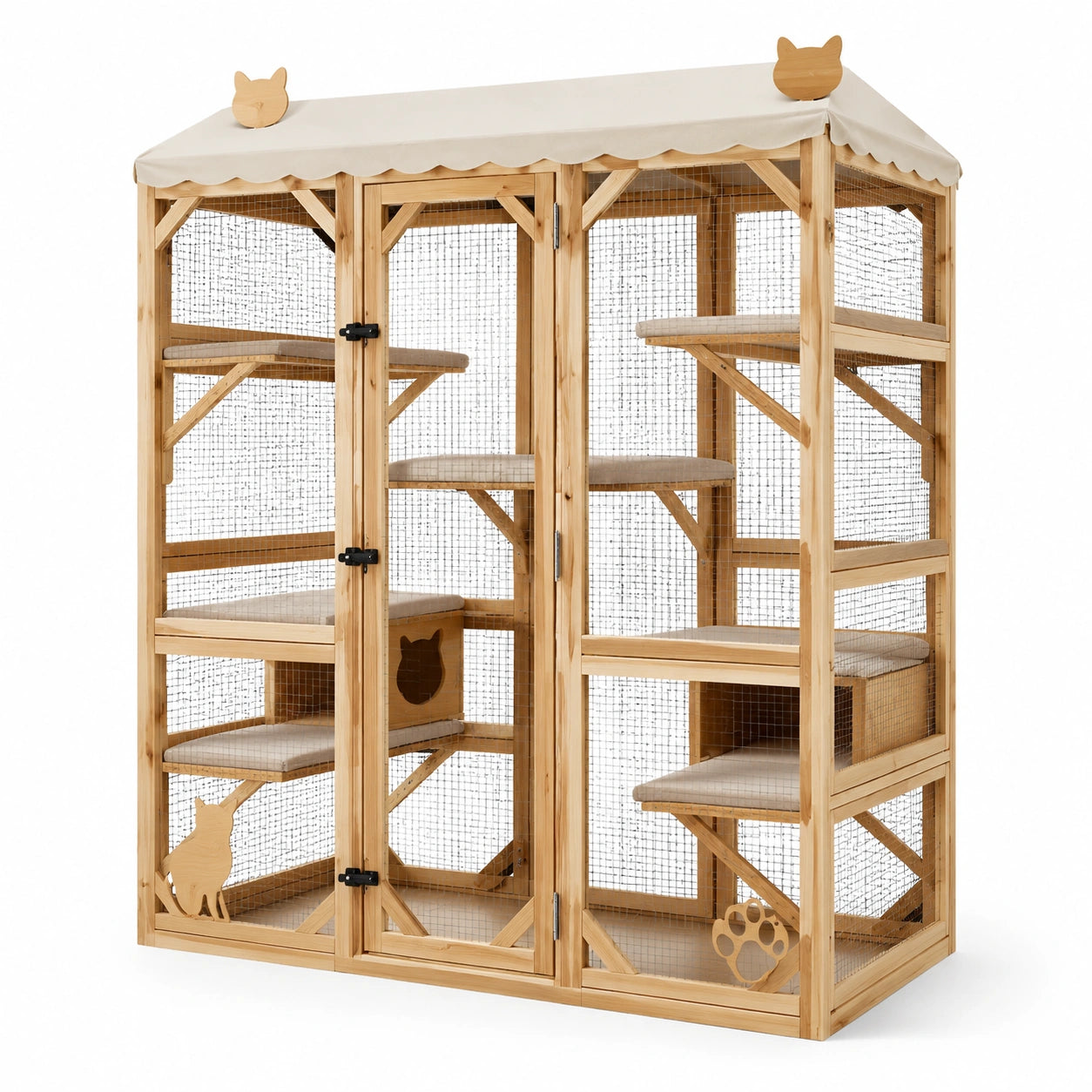 Enclos pour chat en bois avec treillis métallique et toit beige