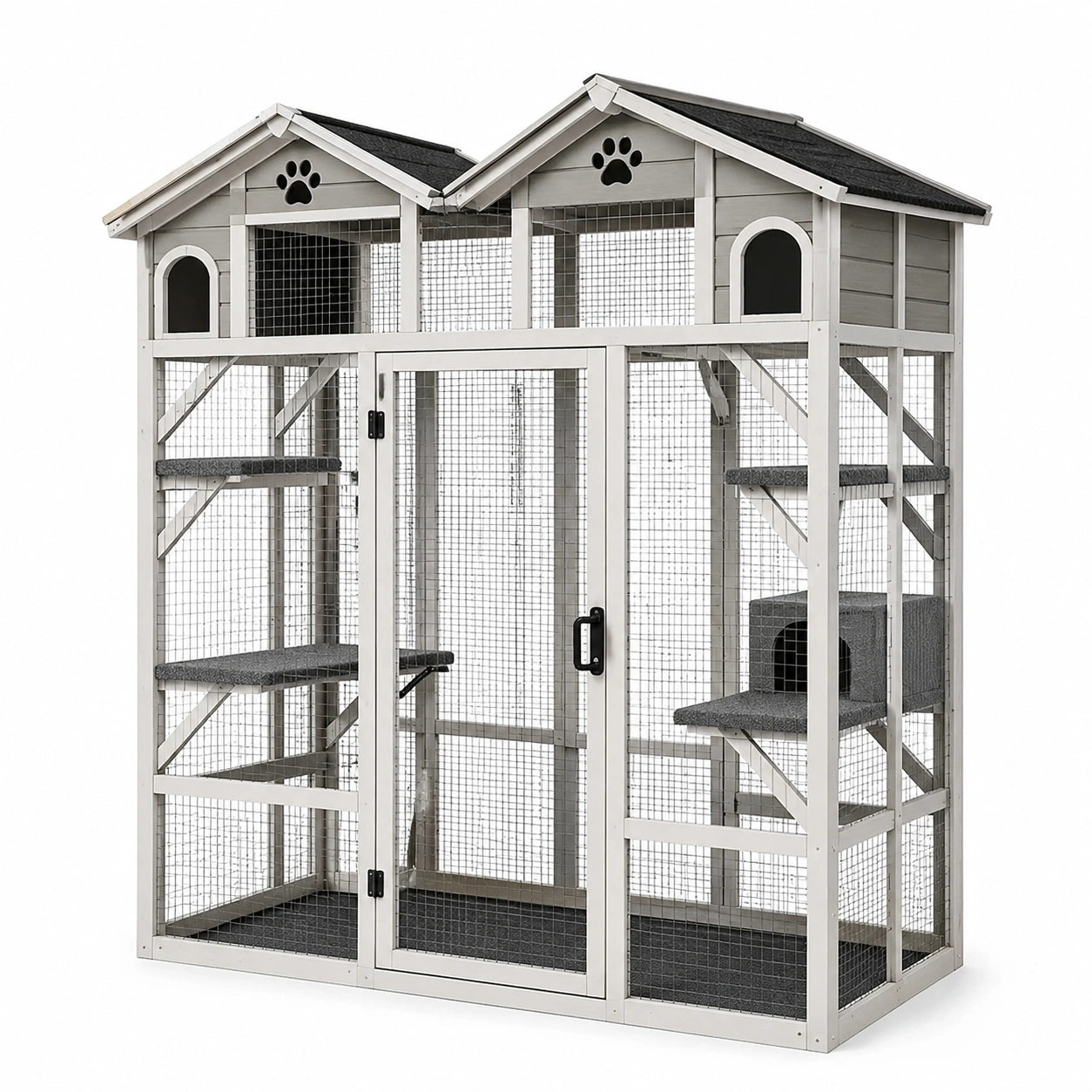 Enclos pour chats en bois et métal avec toit gris/blanc