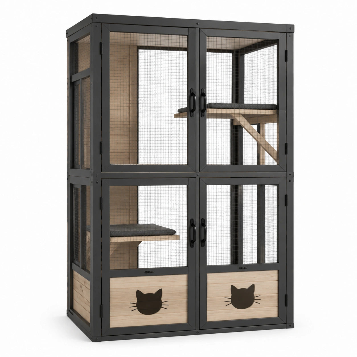 Enclos pour chat en bois de pin et métal avec 3 niveaux et 4 portes