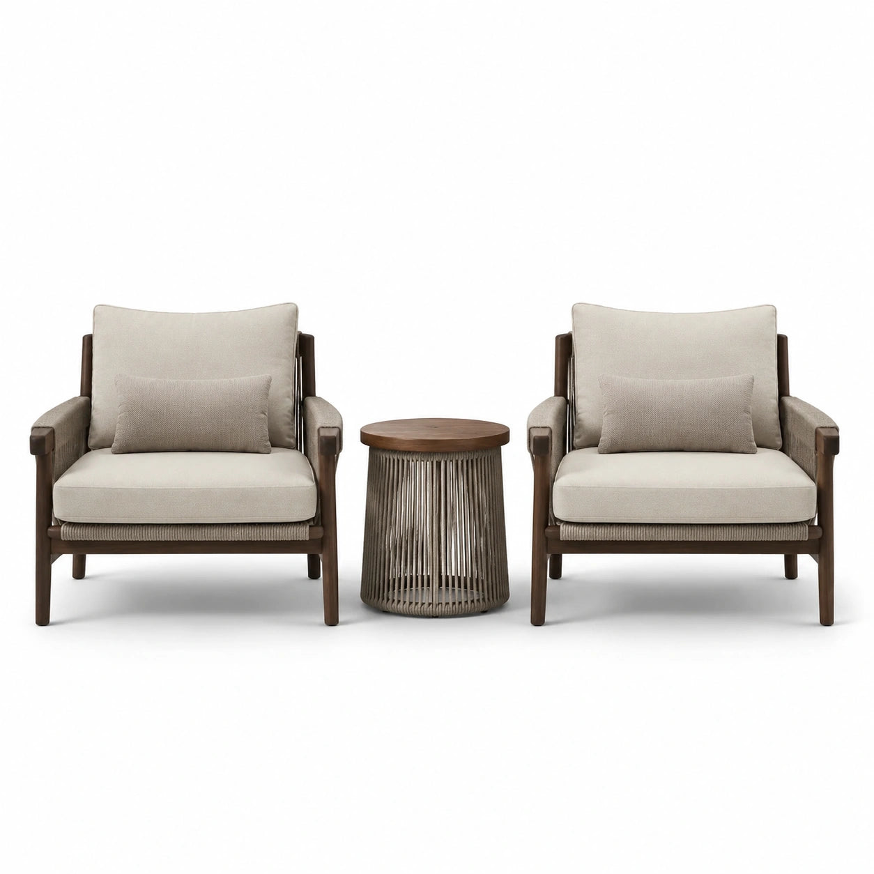 Ensemble de fauteuils en bois et tissu beige avec table basse en métal et bois